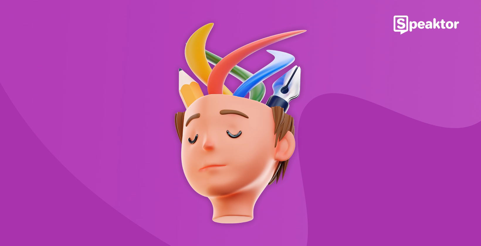 3D ilustracija mirnega obraza z ustvarjalnimi orodji, ki izhajajo iz glave.