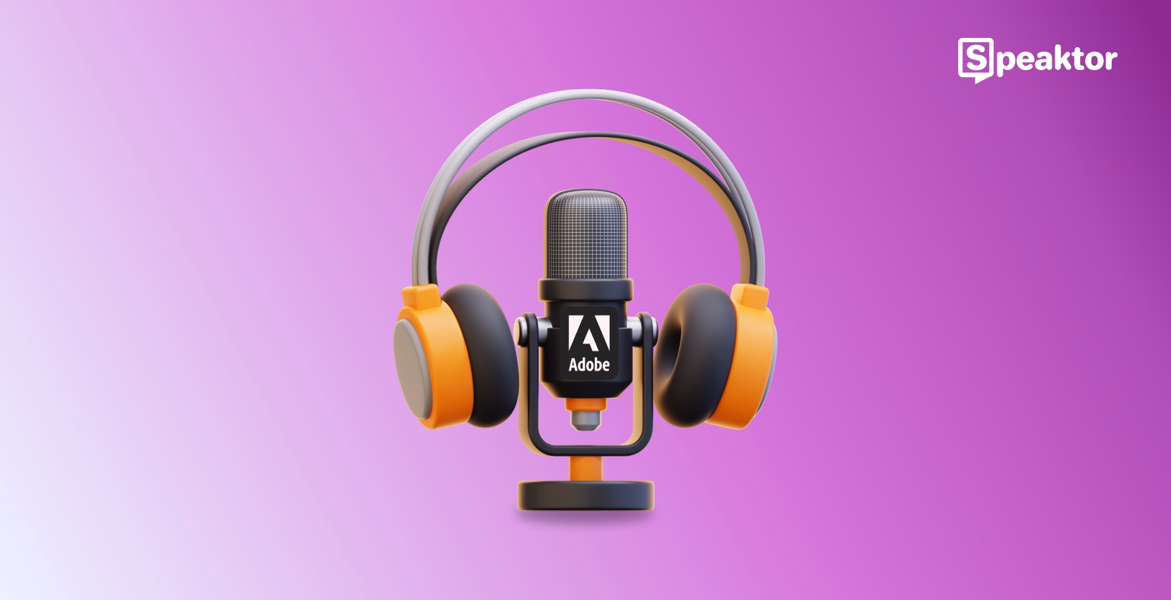 Adobe markasına sahip kulaklıklara sahip bir stüdyo mikrofonunun 3D çizimi.