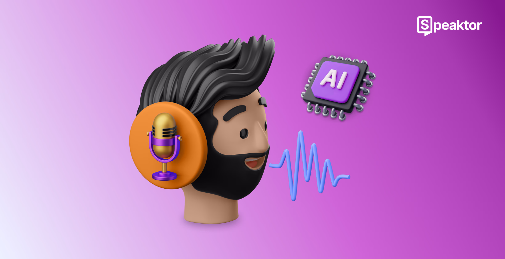 Character with orange microphone icon, AI processor chip, and blue sound waves on purple background