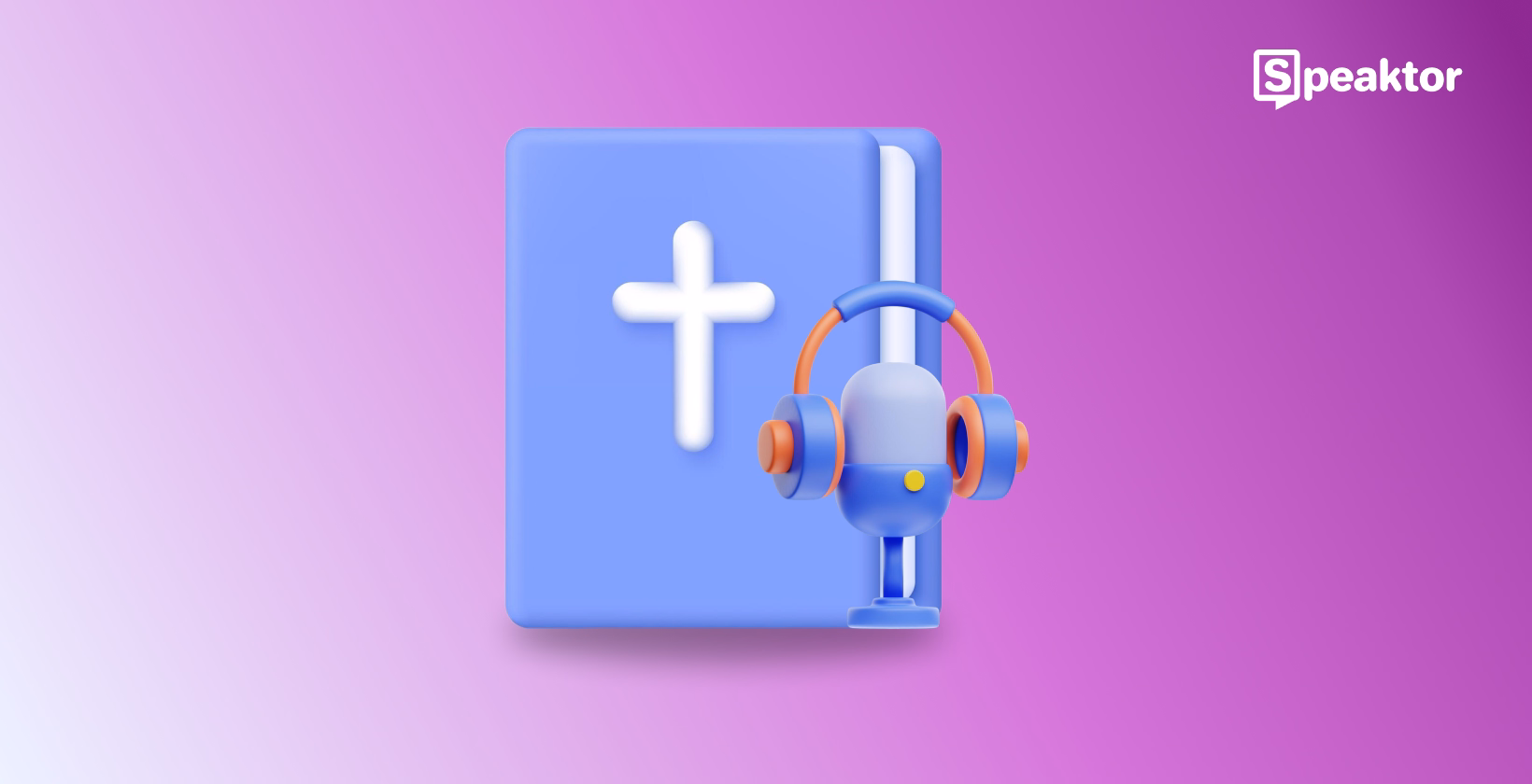 Digitale Bibel mit Audiosteuerung und Kopfhörern zeigt Funktionen zum Anhören der Schrift auf lila Hintergrund.