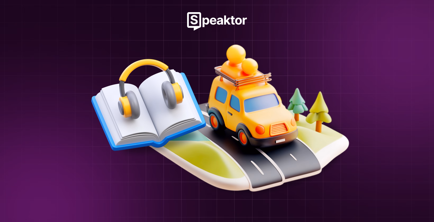 Hörbuch mit Kopfhörern und einem Auto auf einer Straße, mit Speaktor für Roadtrips.