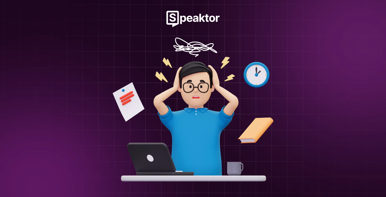 Persona sopraffatta alla scrivania con ADHD, che utilizza Speaktor per la concentrazione.