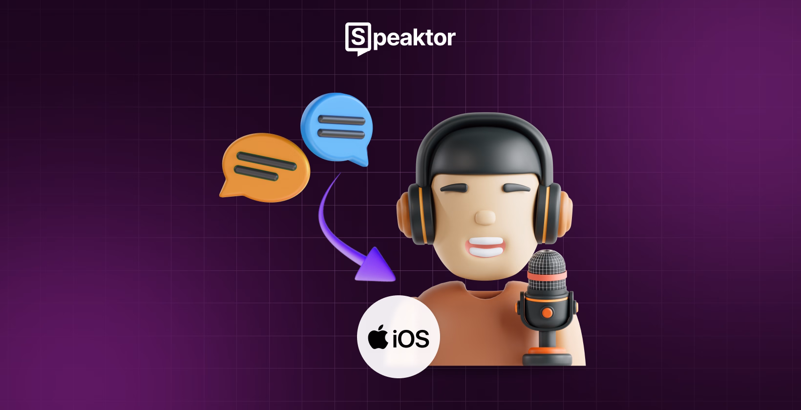 Speaktor metin okuma uygulaması iOS için konuşma balonları ve mikrofon ile illüstrasyon.