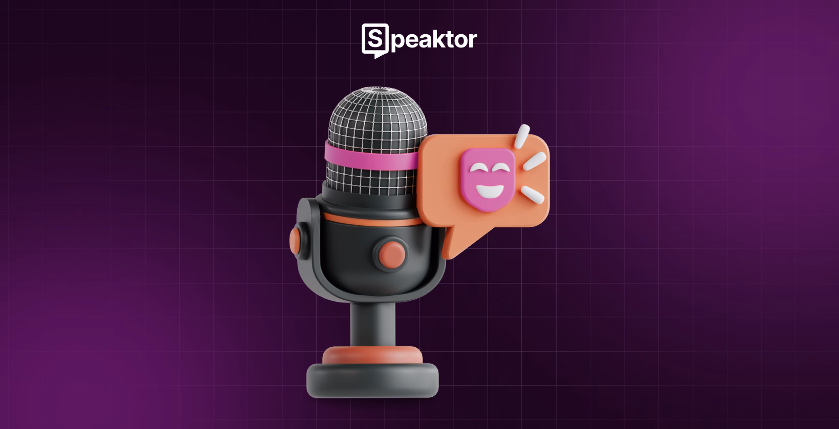 Mikrofon 3D dengan gelembung percakapan, menampilkan logo Speaktor, menyoroti alat voiceover AI terbaik.