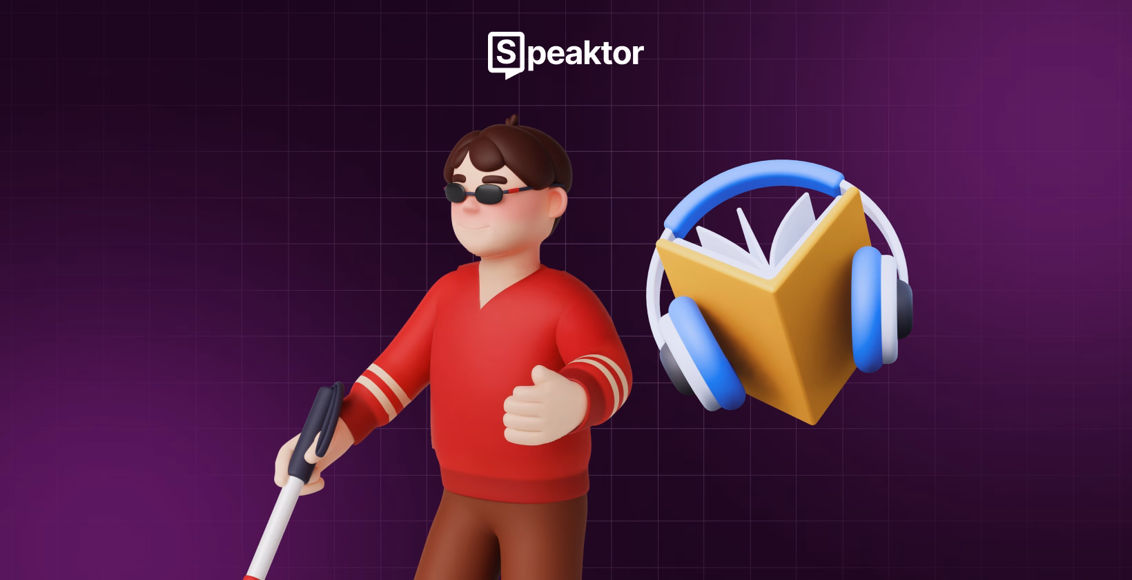 Illustrazione digitale di una persona ipovedente con un bastone e un simbolo di audiolibro che utilizza Speaktor.
