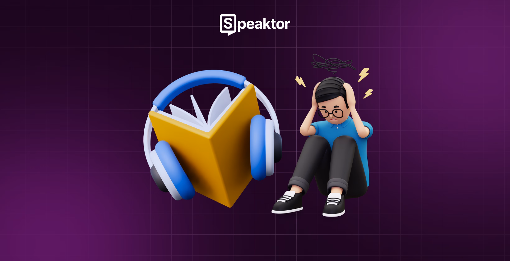 Illustrazione dell'assistente alla lettura Speaktor per ADHD con cuffie e una persona stressata.