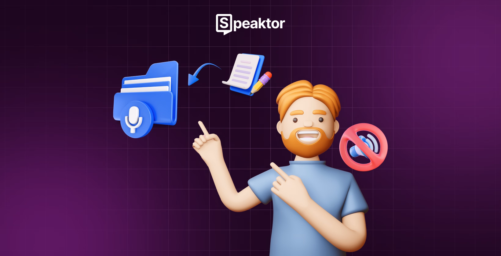 卡通插图,展示一个人与文本转语音图标和Speaktor标志。