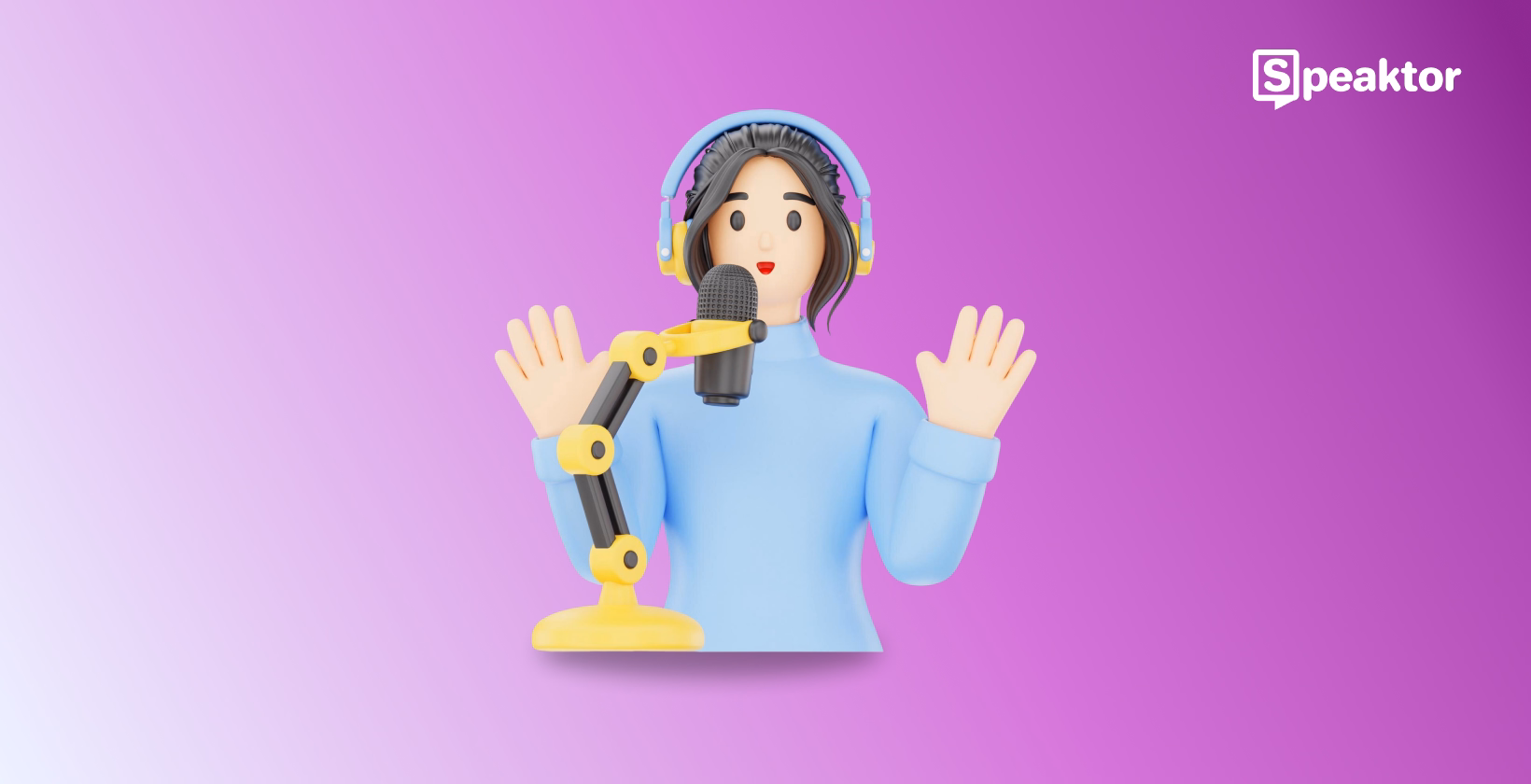 Voice actor wearing professional headphones speaking into studio microphone with Speaktor branding visible.