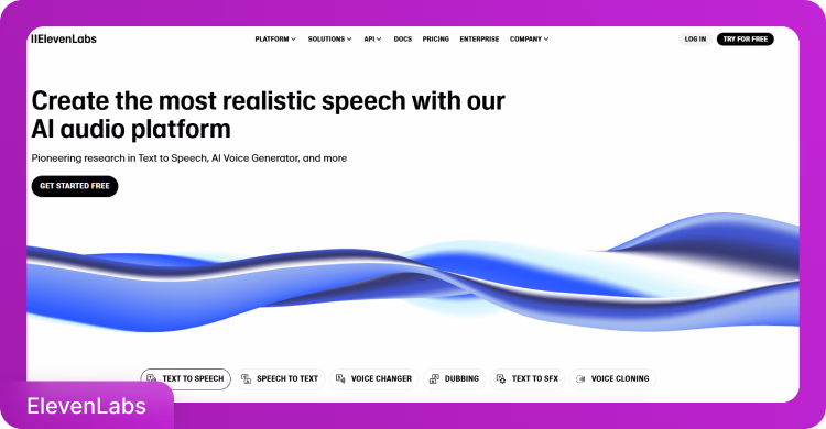 ElevenLabs homepage displaying AI audio platform features and realistic speech generation tools