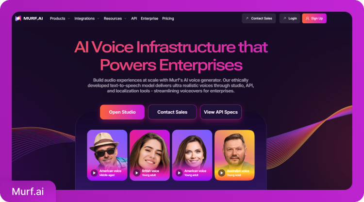 Murf.AI platform showing AI voice infrastructure with different voice options and accent variations