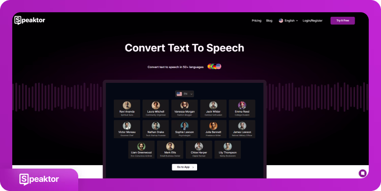 Speaktor website interface showing convert text to speech feature with multiple language options