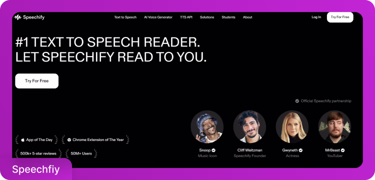 Speechify website homepage featuring text-to-speech reader with celebrity endorsements and reviews