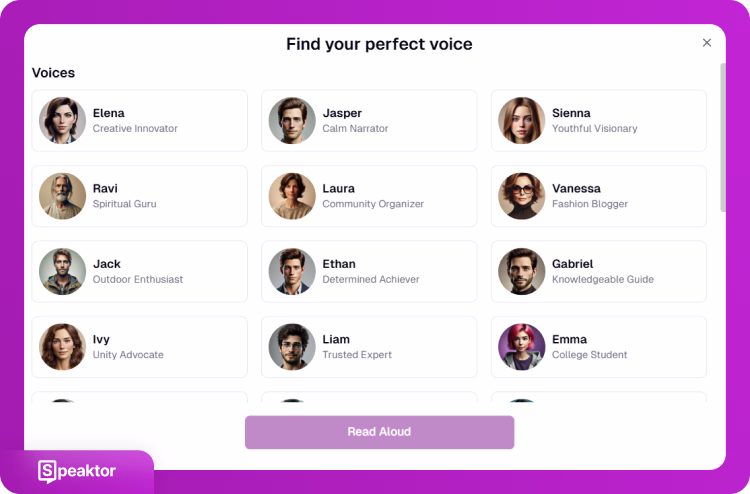 Voice selection panel displaying various AI voice characters with different personality traits