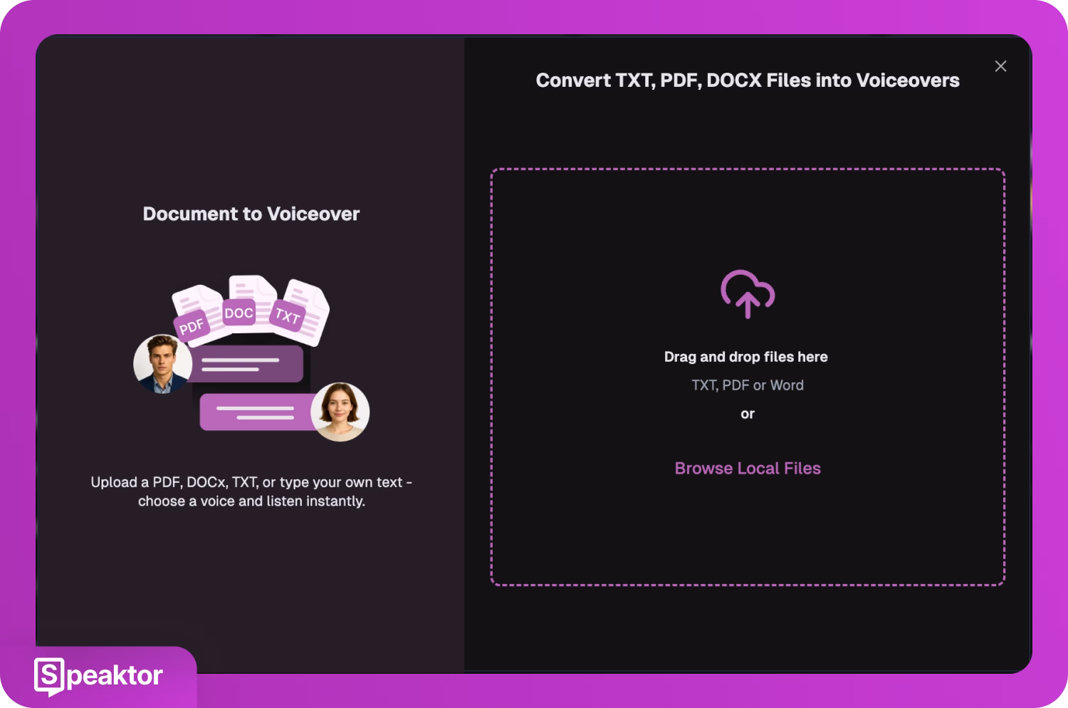 Speaktor-interface voor het omzetten van documenten naar voice-overs, ideaal voor de beste luisterboeken voor kinderen.