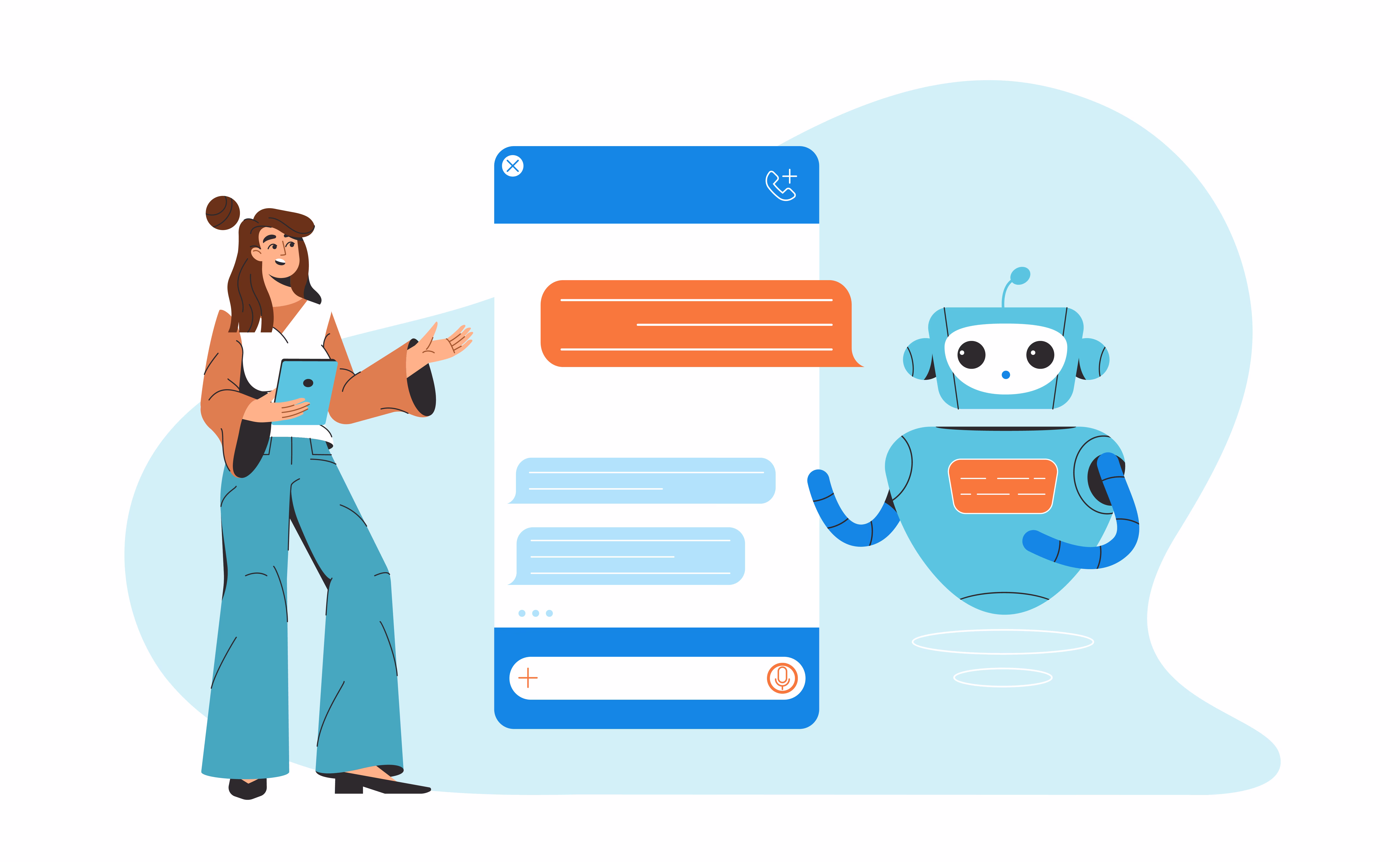 Woman with tablet interacting with blue robot through messaging interface with speech bubbles