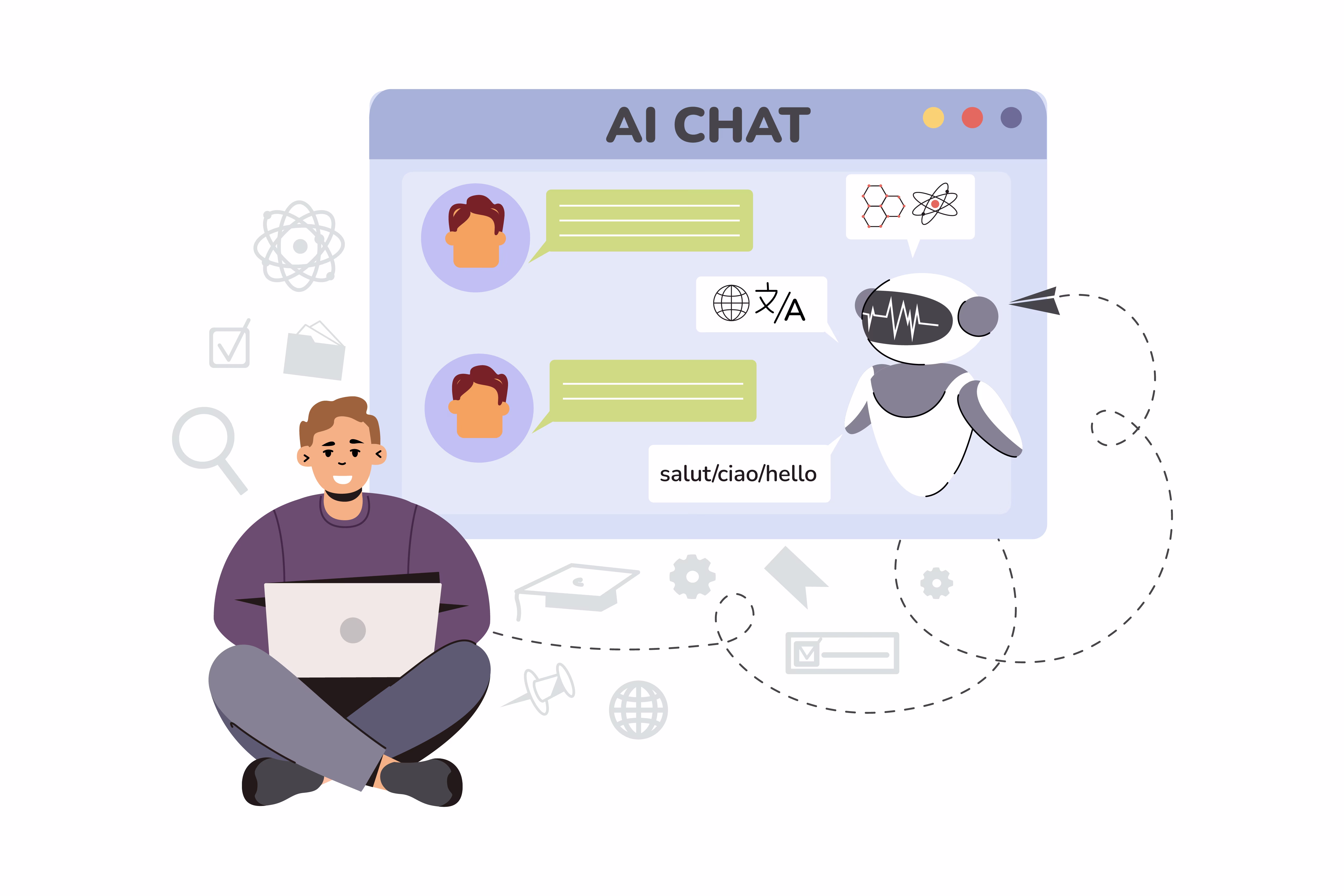 Person sitting cross-legged with laptop viewing AI chat interface showing translation features