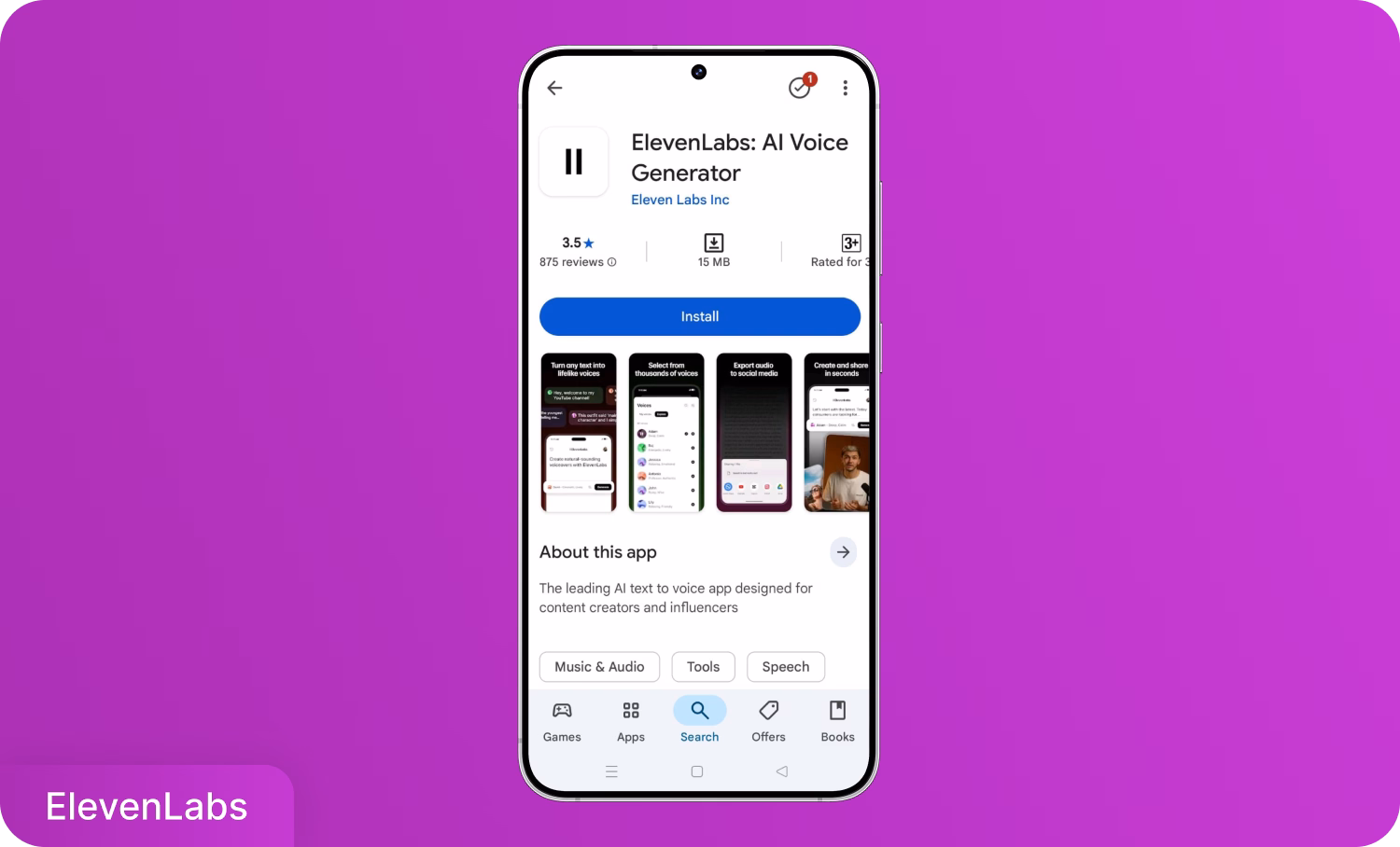 แอป ElevenLabs AI Voice Generator บนหน้าจอสมาร์ทโฟนพร้อมตัวเลือกการติดตั้ง