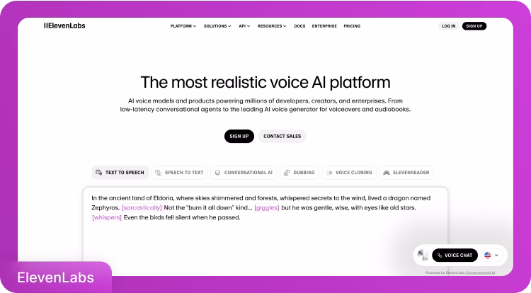 Halaman utama platform AI suara ElevenLabs dengan berbagai alat voiceover AI.