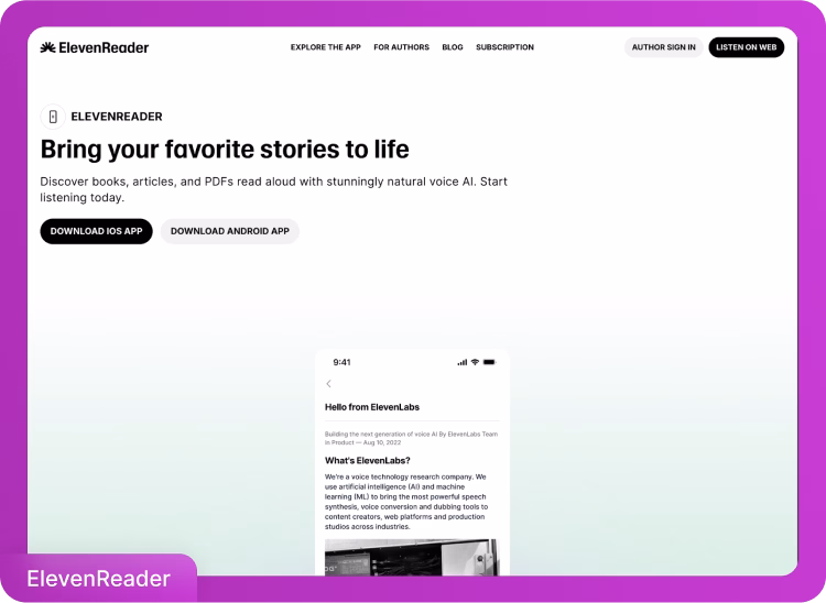 ElevenReader-App-Oberfläche mit Text-zu-Sprache-Funktionen zum Lesen von Büchern und Artikeln.