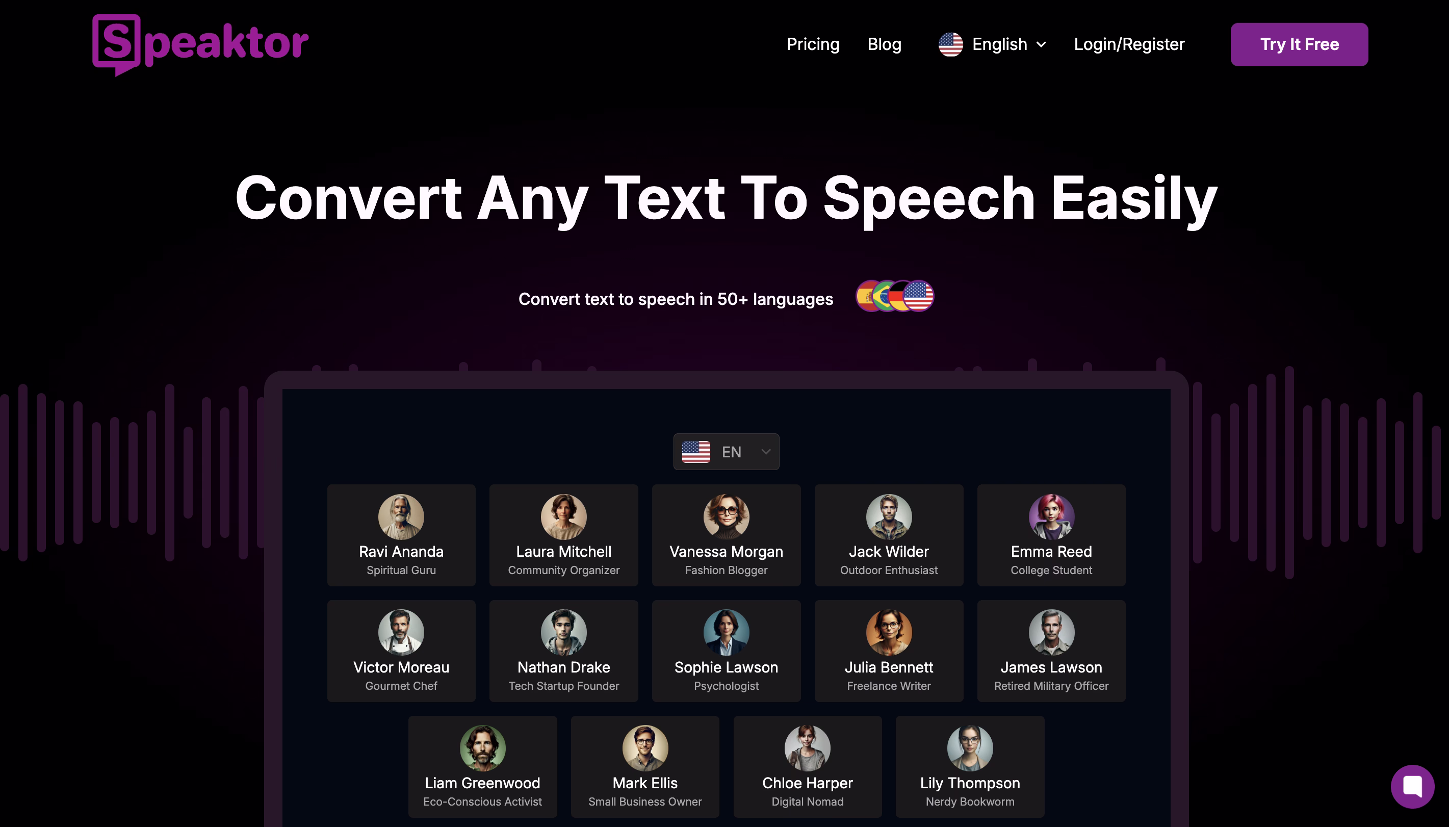 Website interface displaying a text-to-speech conversion tool in multiple languages with diverse user avatars.