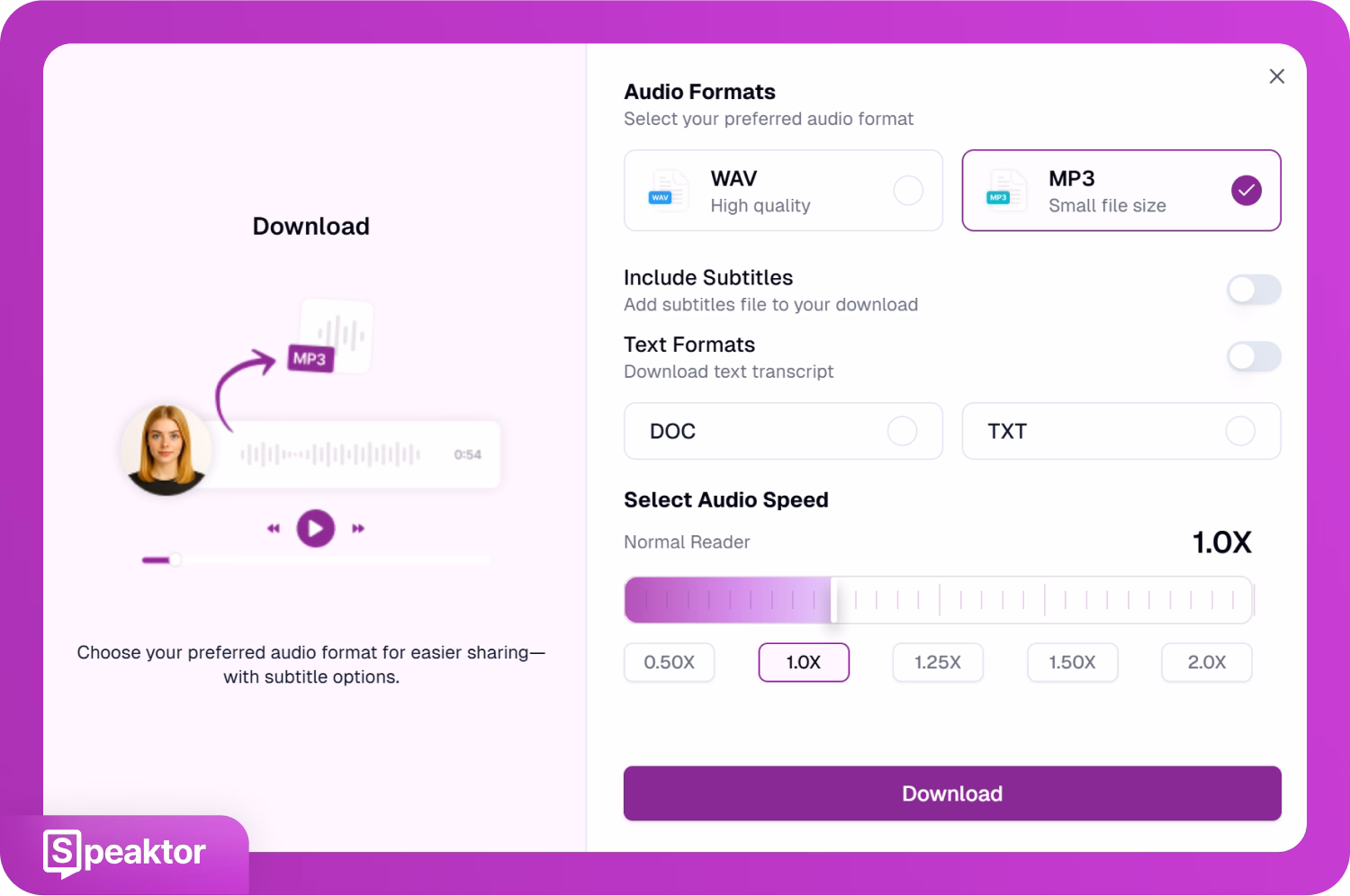 Speaktor界面,用于选择音频格式和下载选项,帮助失语人士使用文本转语音。