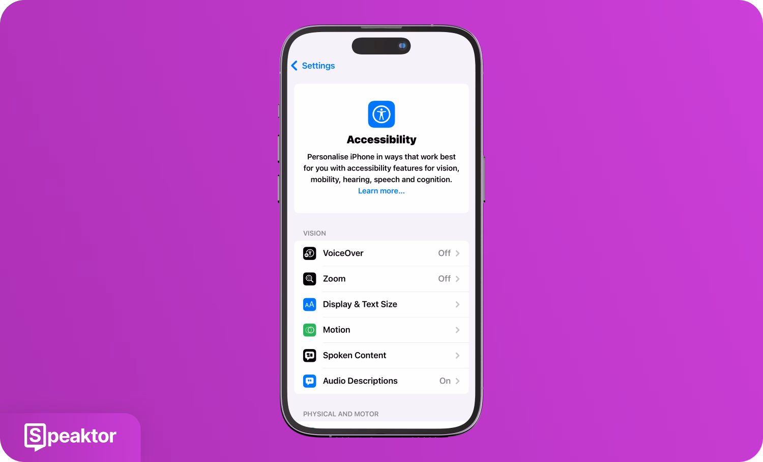iPhone辅助功能设置屏幕,显示视觉和语音功能,带有Speaktor标志。