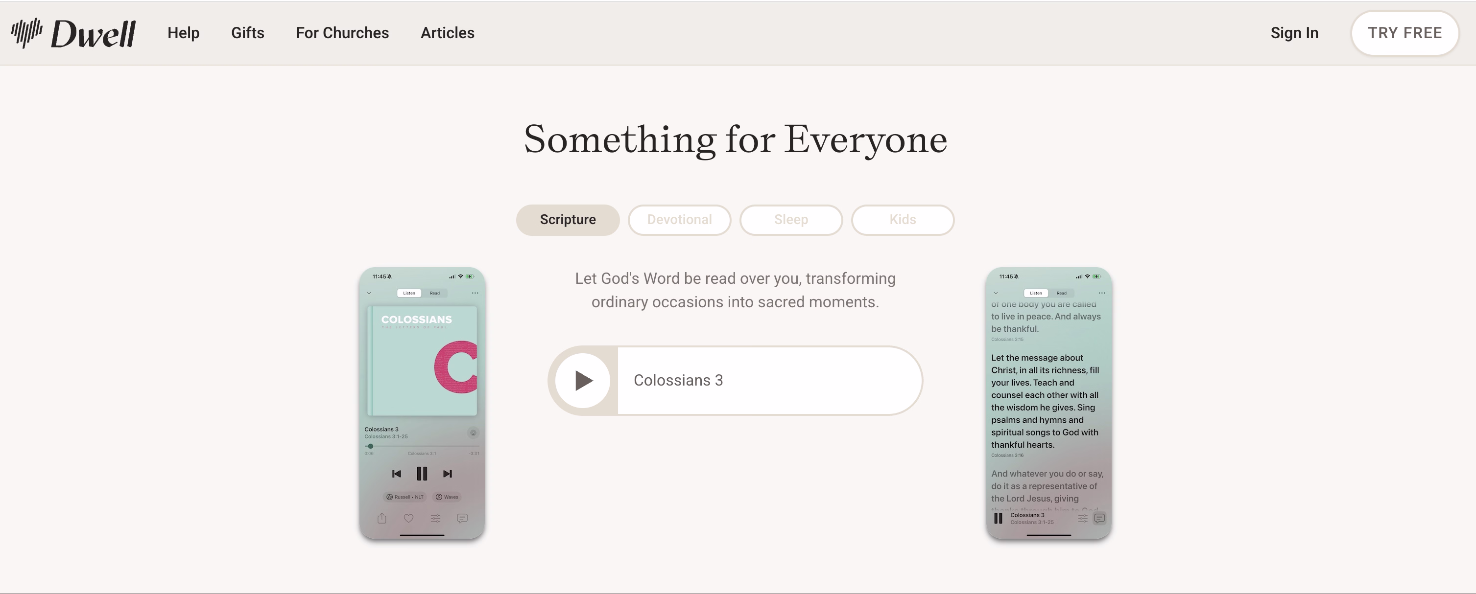 Dwell Audio-Bibel-App-Oberfläche zeigt Schrift-Player mit Kolosser-Passage und mobile Geräte