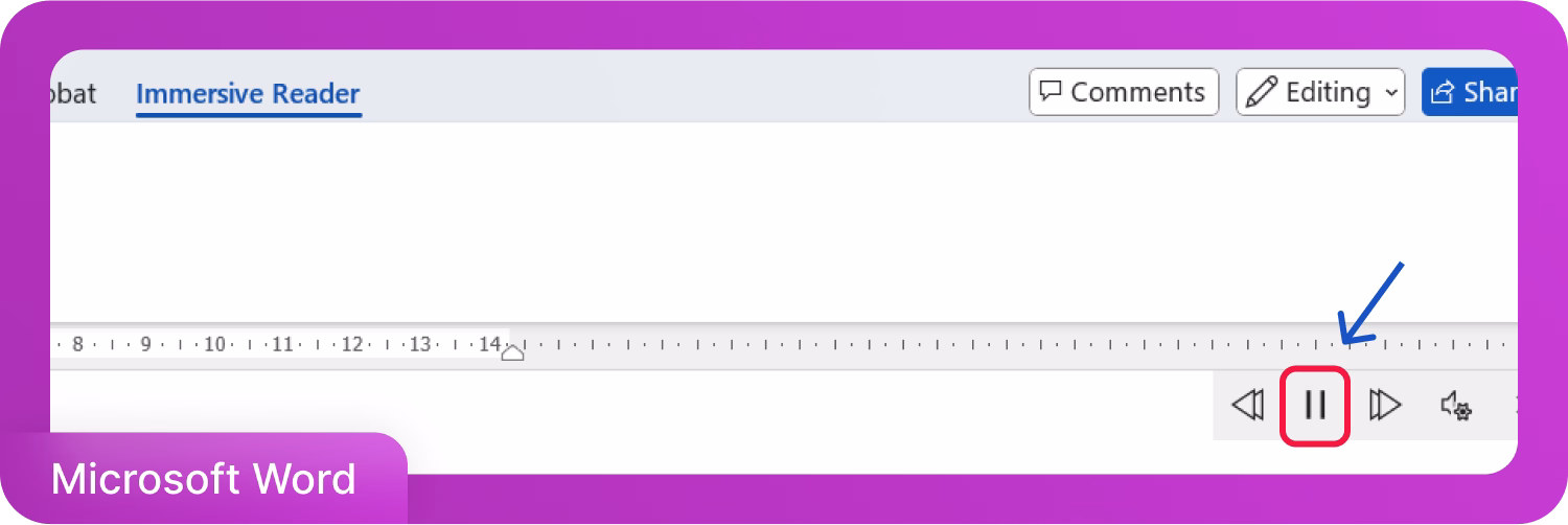 Pauzeknop gemarkeerd in Microsoft Word's Immersive Reader-functie.