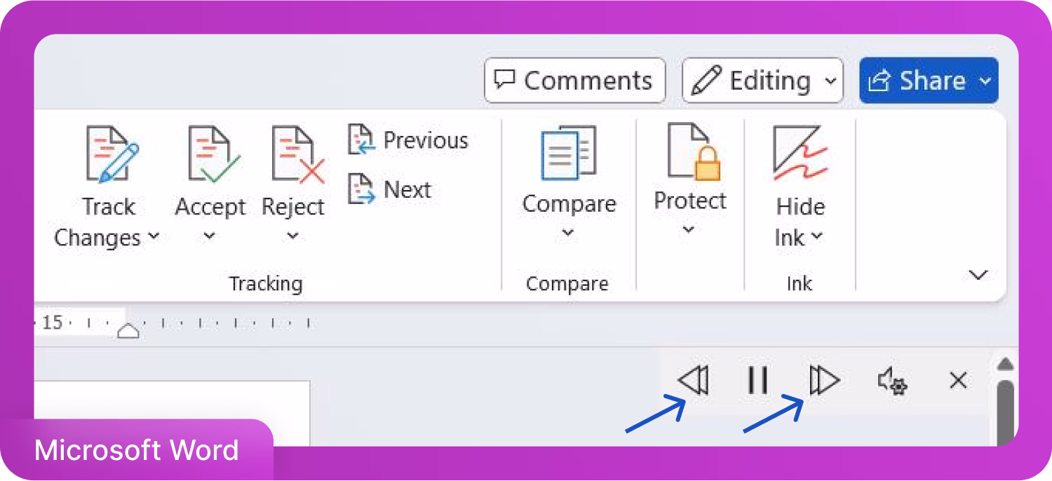 Microsoft Word-interface met gemarkeerde functies voor wijzigingen bijhouden en afspelen.