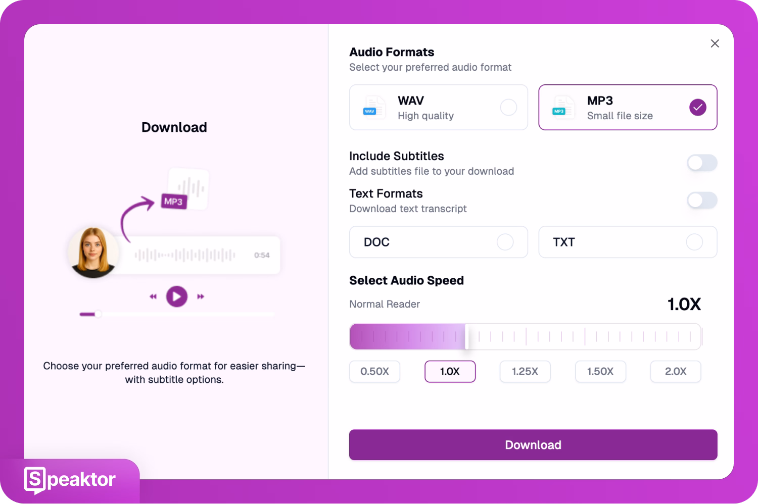 واجهة Speaktor تعرض خيارات تنسيق الصوت وإعدادات التنزيل بصيغة MP3.