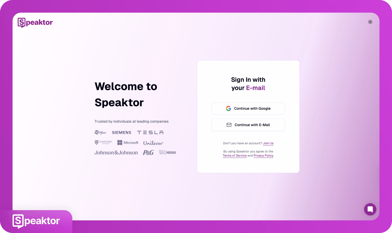 صفحة تسجيل الدخول إلى Speaktor مع خيارات تسجيل الدخول عبر Google أو البريد الإلكتروني.