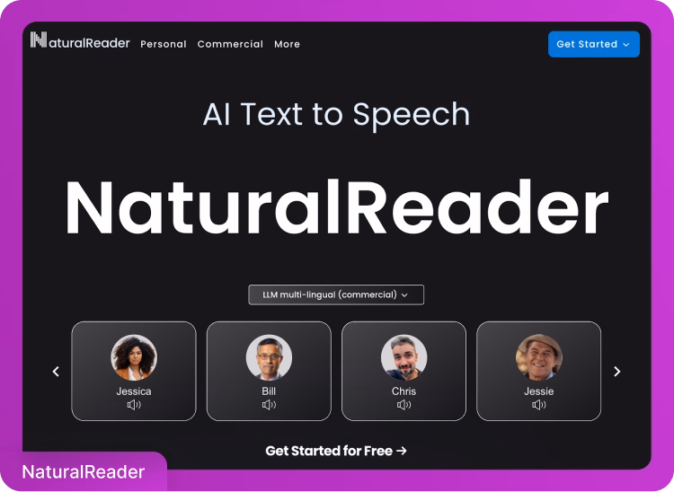 NaturalReader KI-Text-zu-Sprache-Oberfläche mit Stimmoptionen.