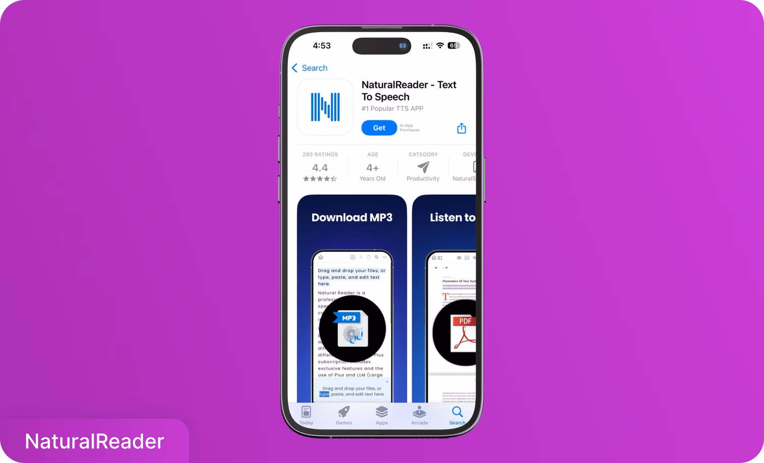 Metin okuma özellikleri ile akıllı telefon ekranında NaturalReader uygulaması.