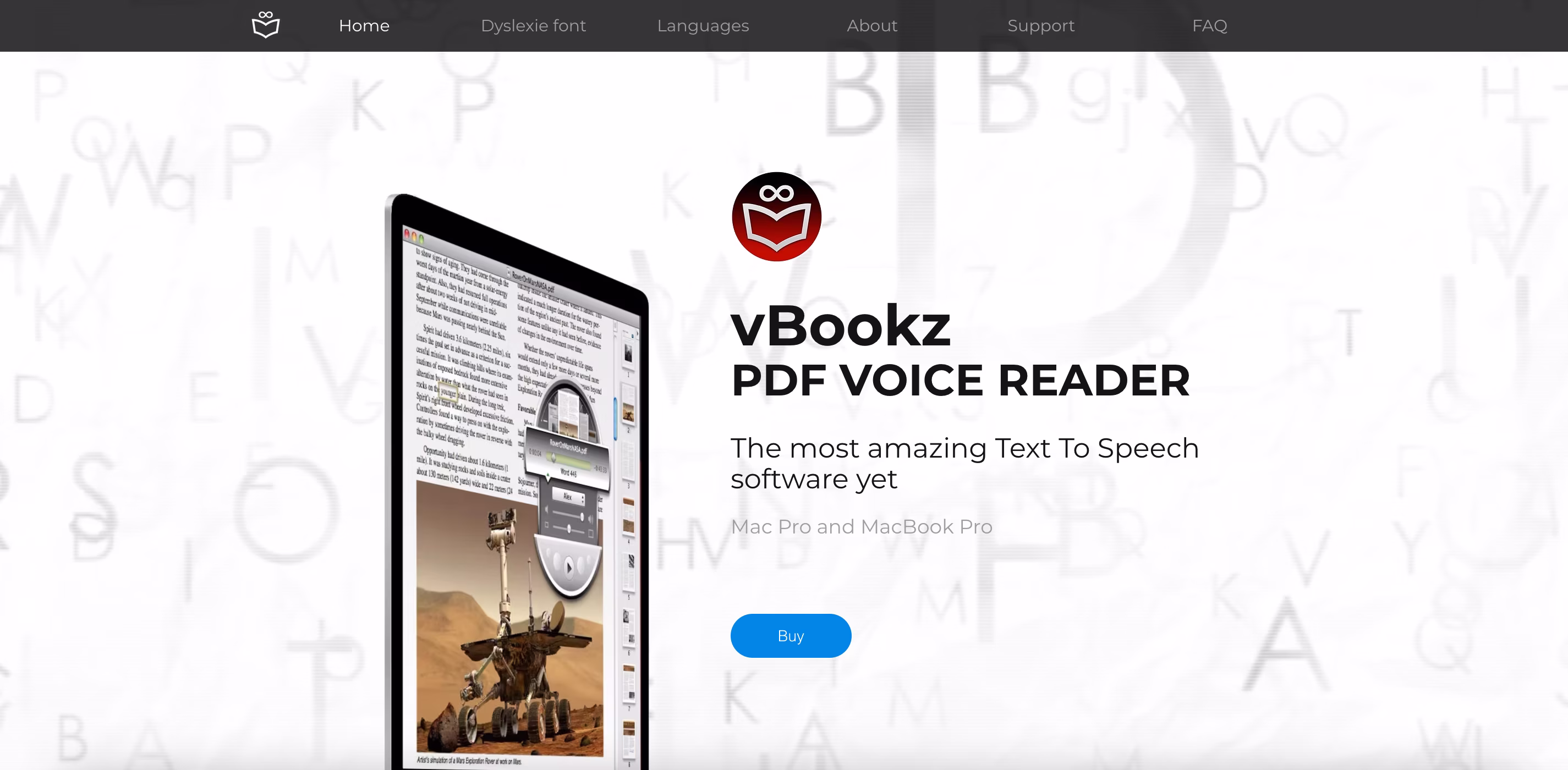 Prenosni računalnik prikazuje programski vmesnik PDF Voice Reader s funkcijami, označenimi na zaslonu.