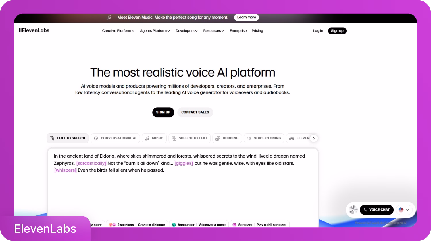 Interfaccia della piattaforma ElevenLabs AI per la generazione di voci realistiche.