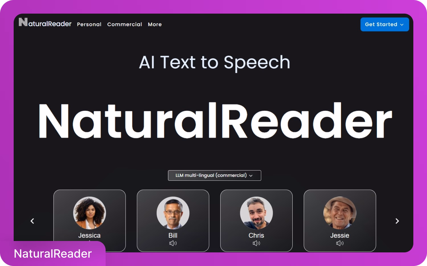 Interfaccia di sintesi vocale NaturalReader AI con profili utente.