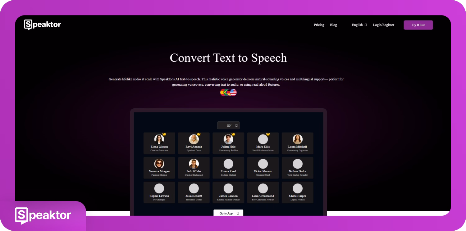L'interfaccia di Speaktor per convertire il testo in voce con vari profili utente.