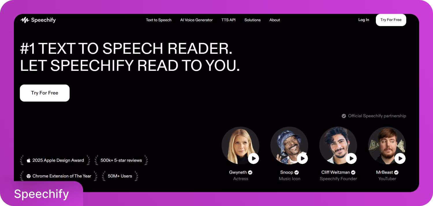 Homepage di Speechify che evidenzia il suo lettore text-to-speech per il supporto all'ADHD.