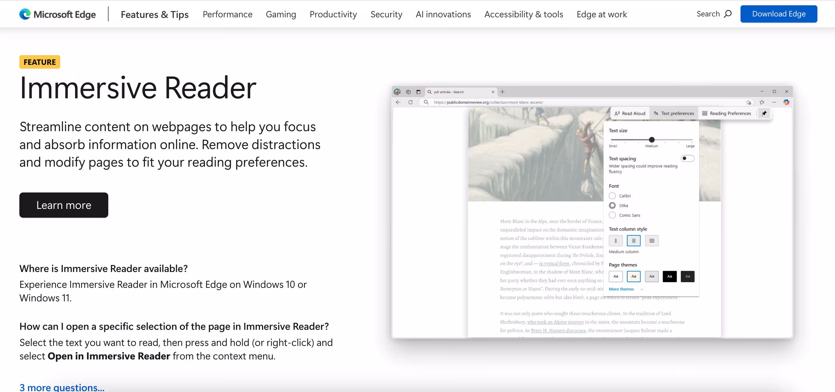 Stranica funkcije Microsoft Edge Immersive Reader koja prikazuje interfejs sa opcijama formatiranja teksta