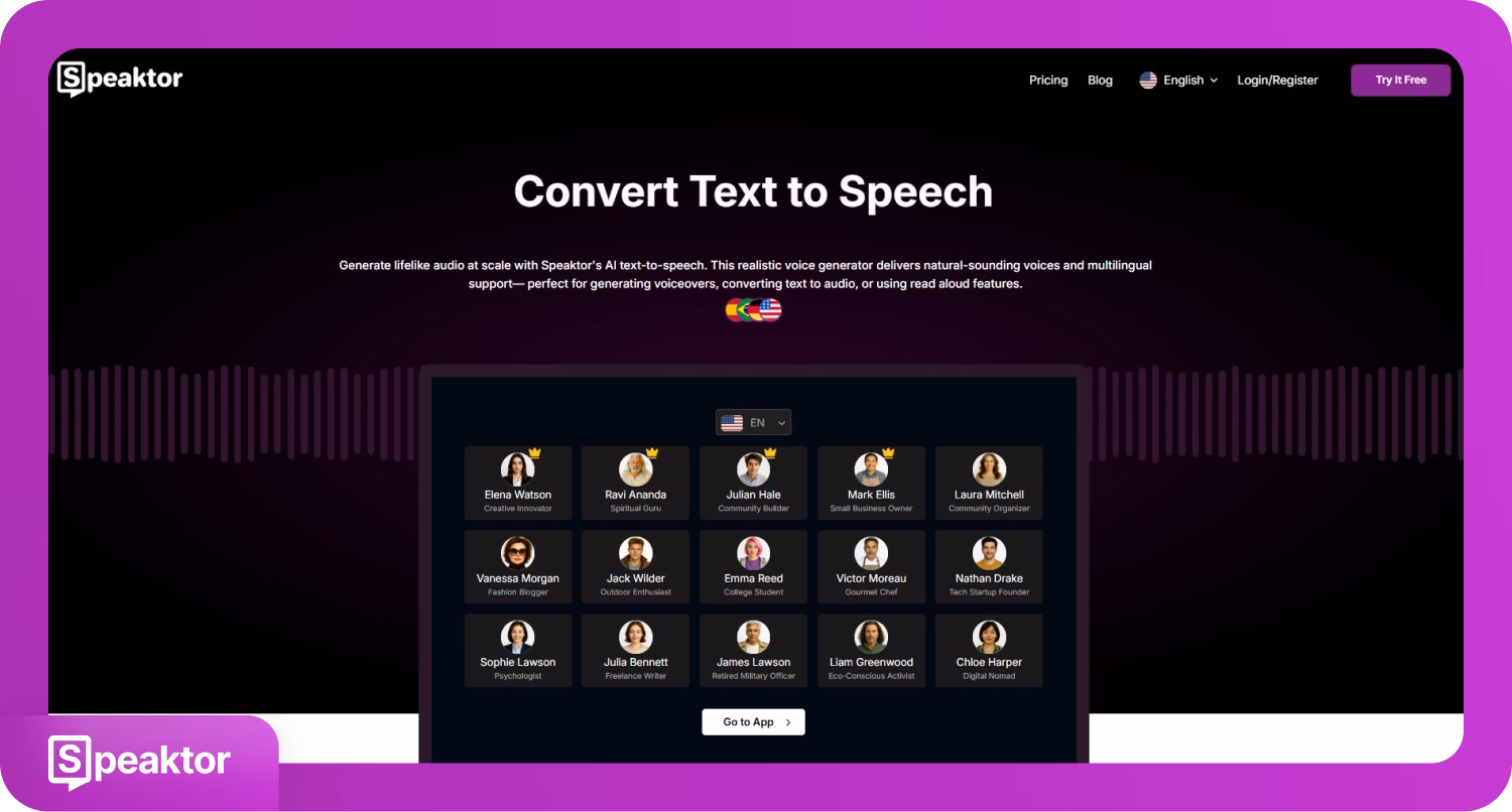 Interfaccia Speaktor per convertire testo in voce, migliorando l'assistenza alla lettura per ipovedenti.