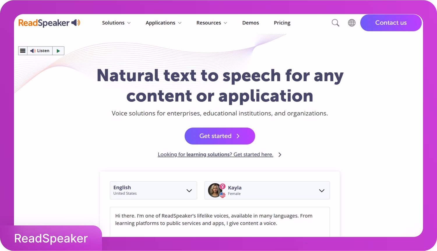 Homepage di ReadSpeaker che mostra soluzioni naturali di sintesi vocale per varie applicazioni.
