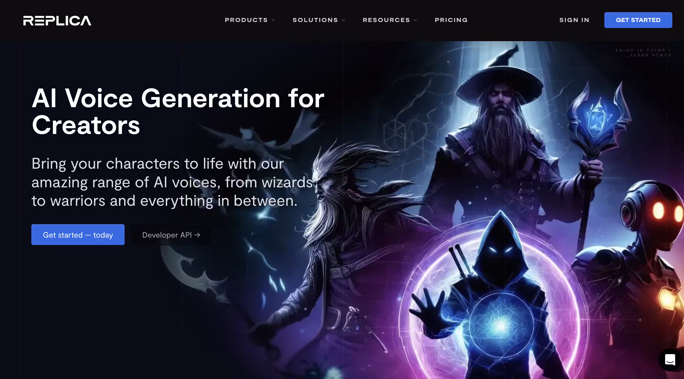 Página de inicio con temática de fantasía que muestra la generación de voces de AI para personajes de juegos, incluidos magos y guerreros.