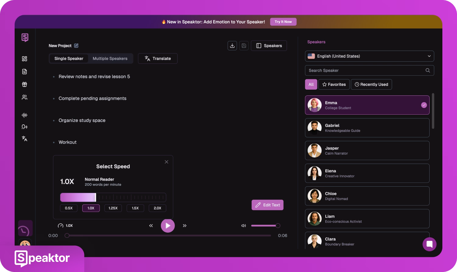 Interfaccia di Speaktor che mostra strumenti per migliorare la concentrazione con ADHD, inclusa la selezione dello speaker e il controllo della velocità.