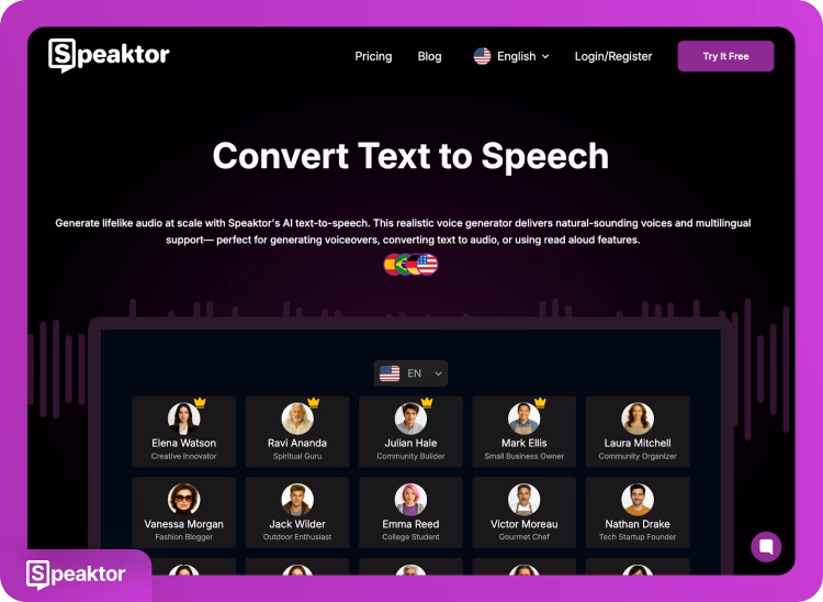 Speaktors KI-Tool zur Umwandlung von Text in Sprache mit mehrsprachiger Unterstützung.