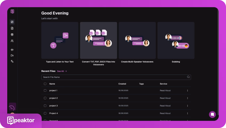 Dashboard Speaktor menampilkan opsi untuk konversi teks dan voiceover.