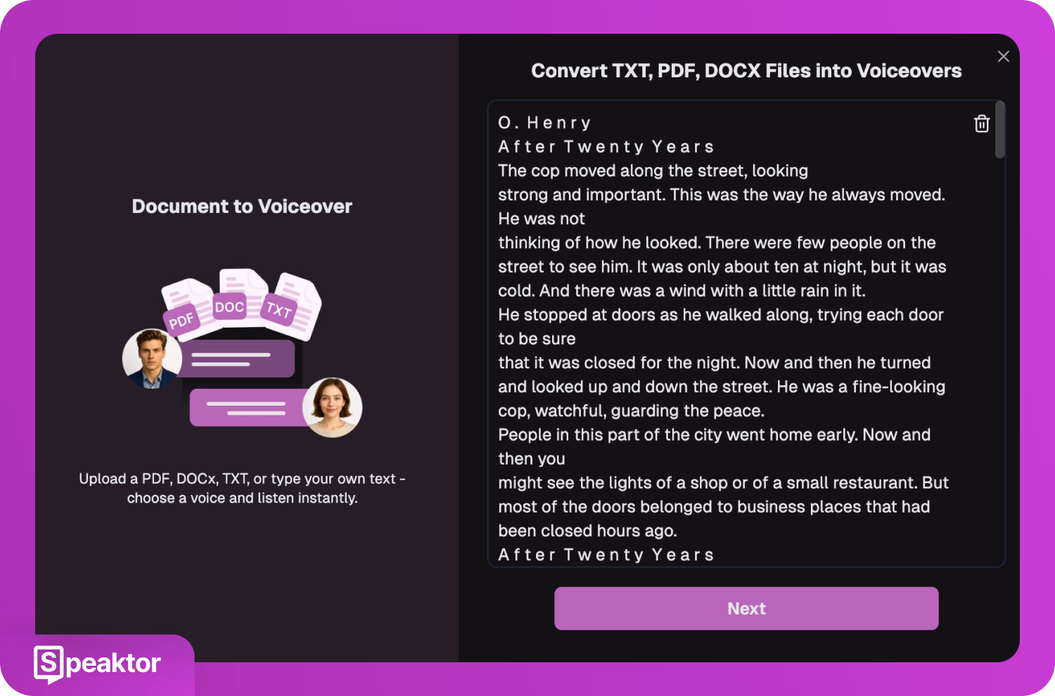 Speaktor-Tool zur Umwandlung von Dokumenten wie TXT, PDF, DOCX in Sprachaufnahmen, ideal für Roadtrips.