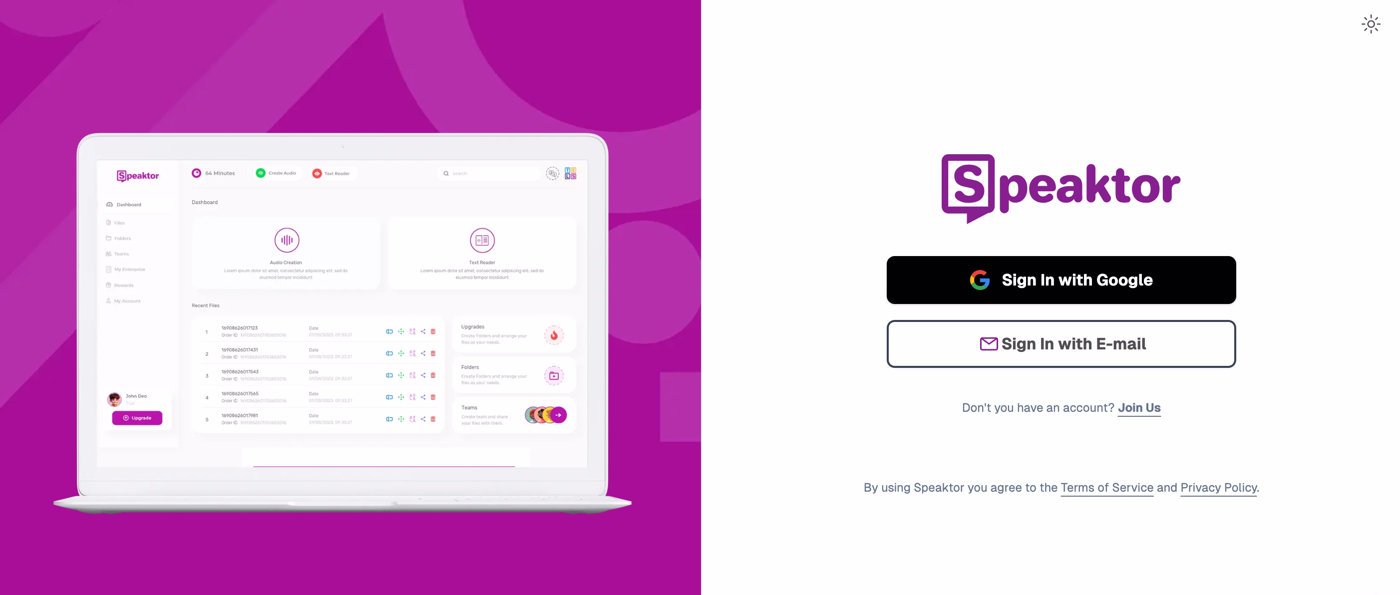 Страница входа в Speaktor с возможностью входа с помощью Google или электронной почты в ярком интерфейсе с фиолетовой тематикой