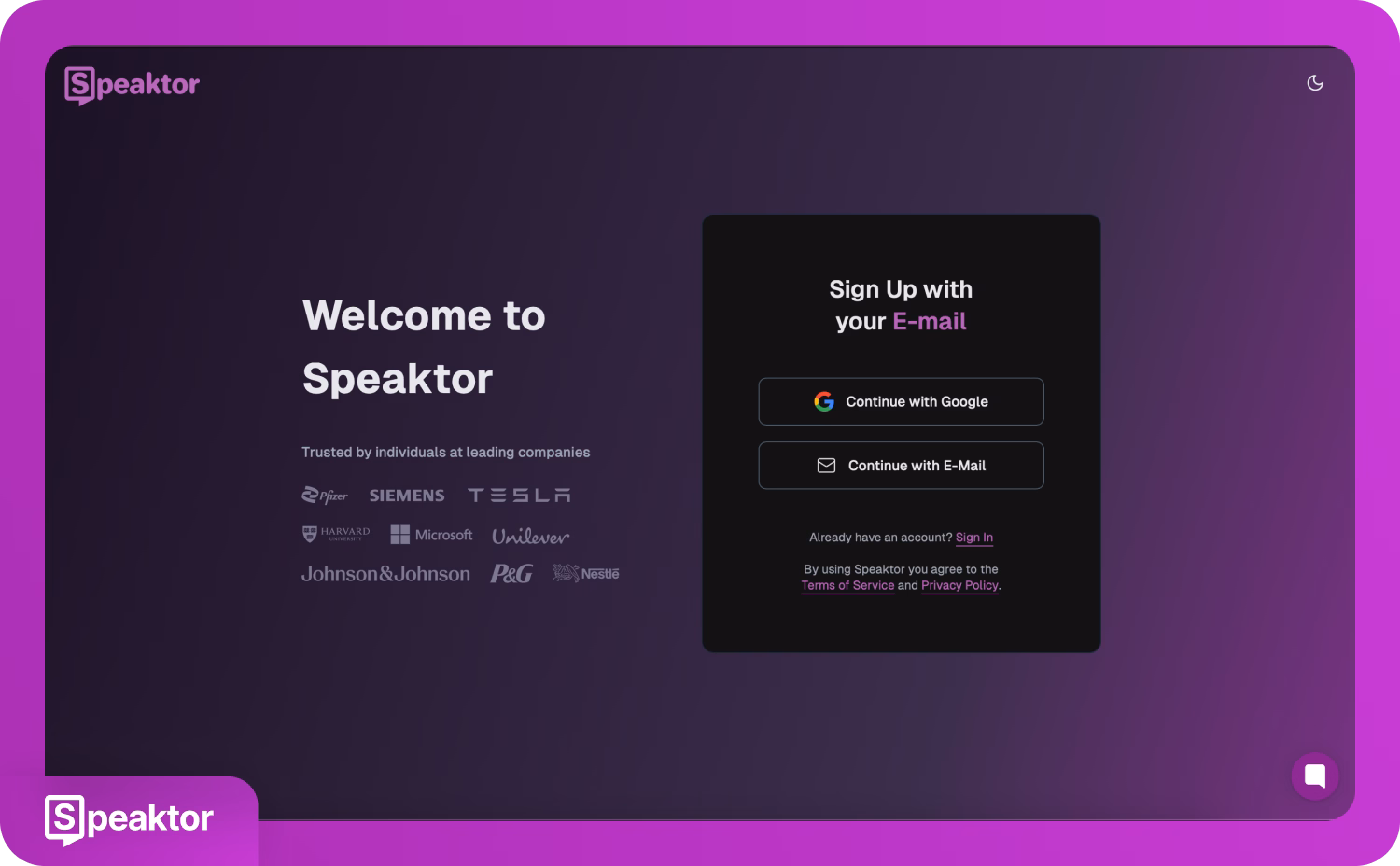 Google veya e-posta ile devam etme seçeneklerini gösteren Speaktor kayıt ekranı.