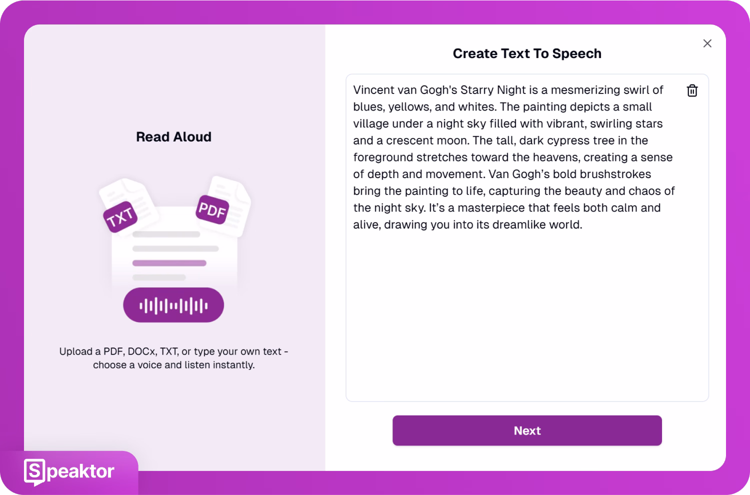 Speaktor界面,用于通过上传文档创建文本转语音。