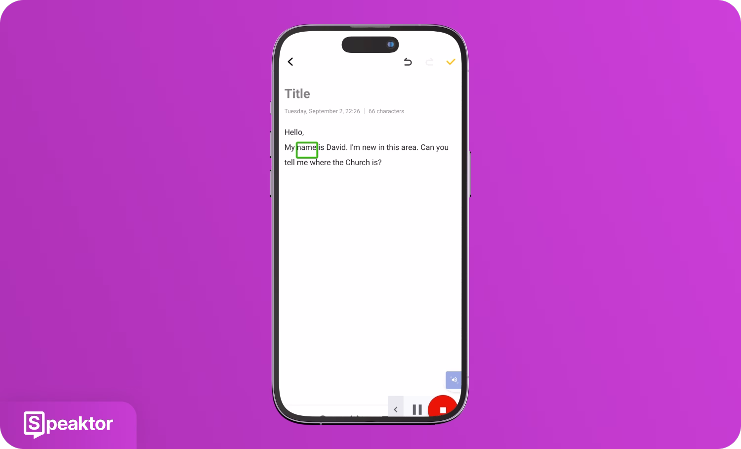 移动电话显示Speaktor应用进行文本转语音转换。